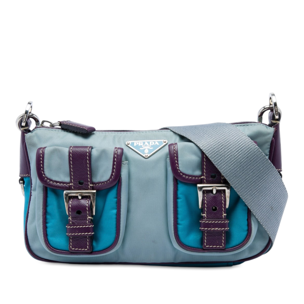 Pre-Loved Prada Saffiano Trimmed Tessuto Front Pocket Zip Top Shoulder Bag